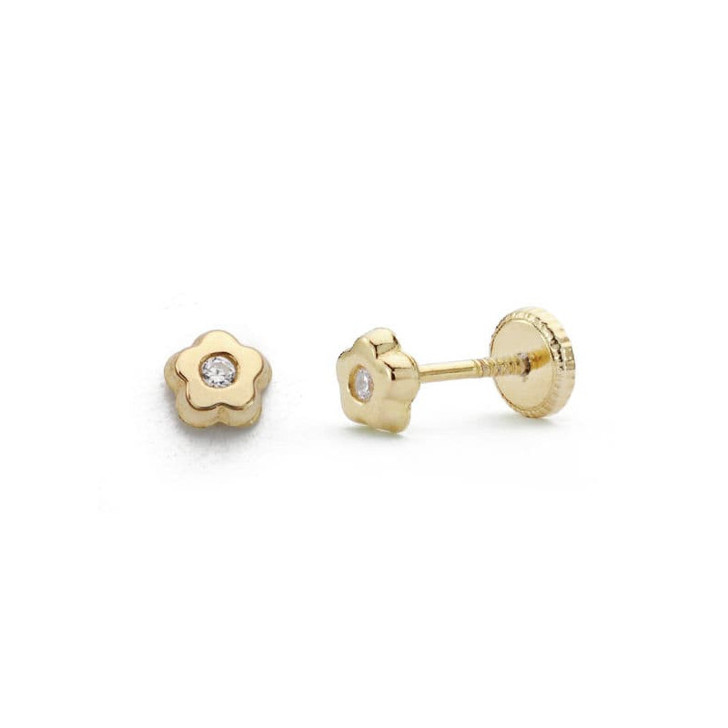 18K PENDIENTES ORO AMARILLO CHATON FLOR CIRCONITA 4 MM TUERCA