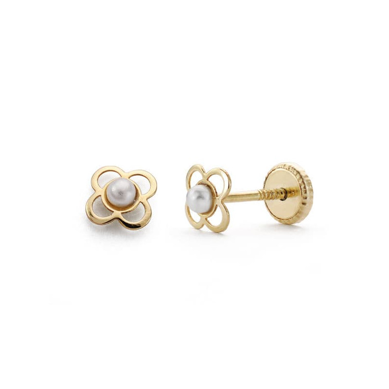 18K PENDIENTES ORO AMARILLO TREBOL 5 MM PERLA 2 MM CIERRE TUERCA