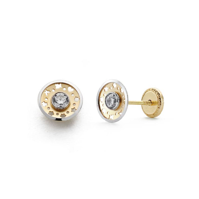 18K PENDIENTES ORO BICOLOR 6.5 MM CIRCONITA CIERRE TUERCA