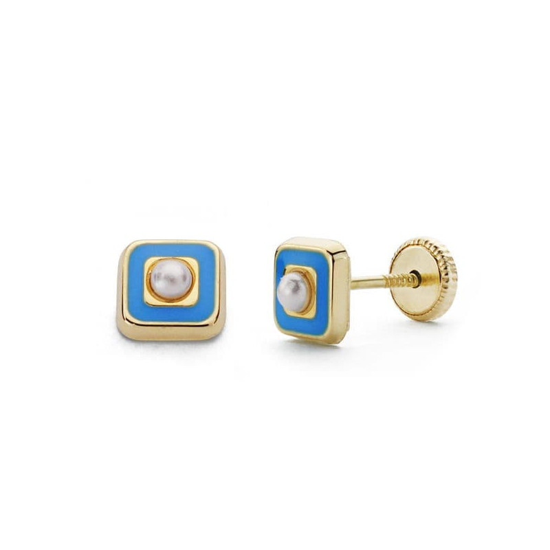 18K PENDIENTES ORO AMARILLO PERLA Y ESMALTE AZUL 5 MM CIERRE TUERCA
