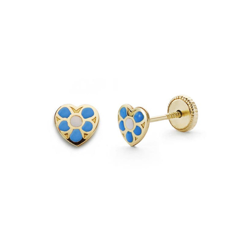 18K PENDIENTES ORO AMARILLO CORAZON AZUL. 5X5 MM CIERRE TUERCA