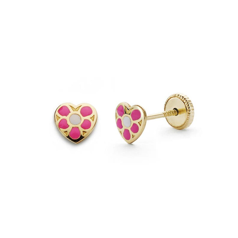 18K PENDIENTES ORO AMARILLO CORAZON ROSA 5X5 MM CIERRE TUERCA