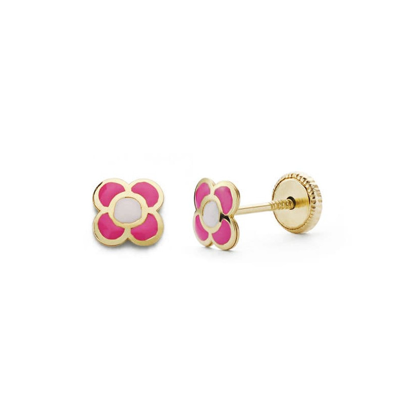 18K PENDIENTES ORO AMARILLO FLOR ROSA 6X6 MM CIERRE TUERCA