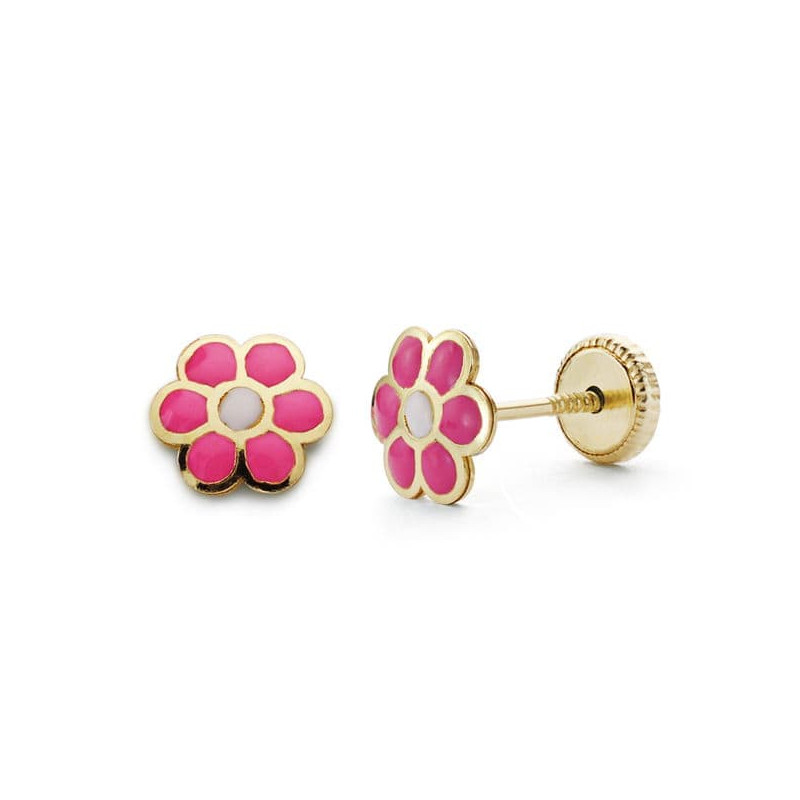 18K PENDIENTES ORO AMARILLO MARGARITA ROSA 6X6 MM CIERRE TUERCA