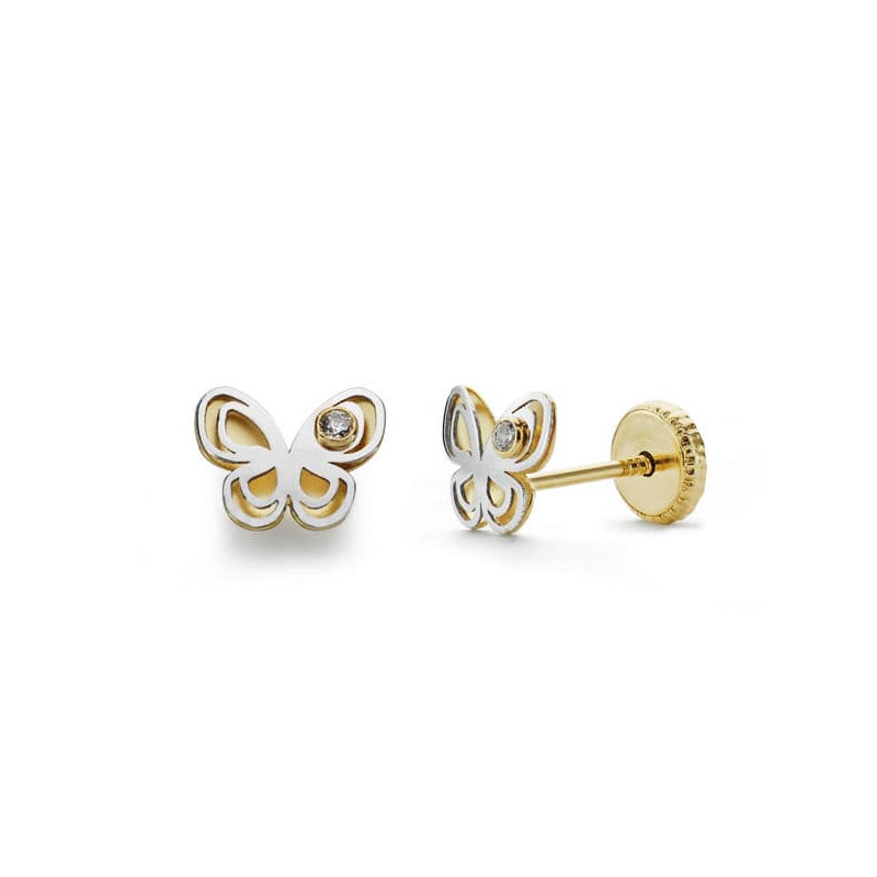 18K PENDIENTES ORO BICOLOR MARIPOSA CIRCONITA 5X6 MM CIERRE TUERCA