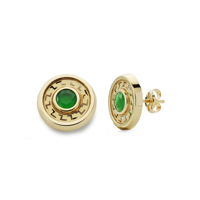 18K PENDIENTES REDONDOS PIEDRA VERDE ORO AMARILLO 11 MM CIERRE PRESION