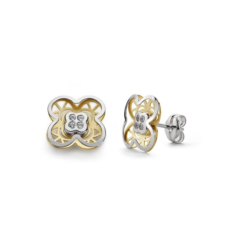 18K PENDIENTES ORO BICOLOR TREBOL CIRCONITA 9 MM CIERRE PRESION