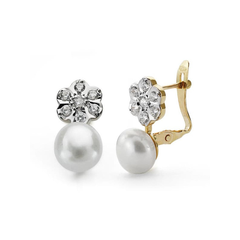 18K PENDIENTES PERLA 7 MM Y FLOR ORO BICOLOR CIERRE CATALAN