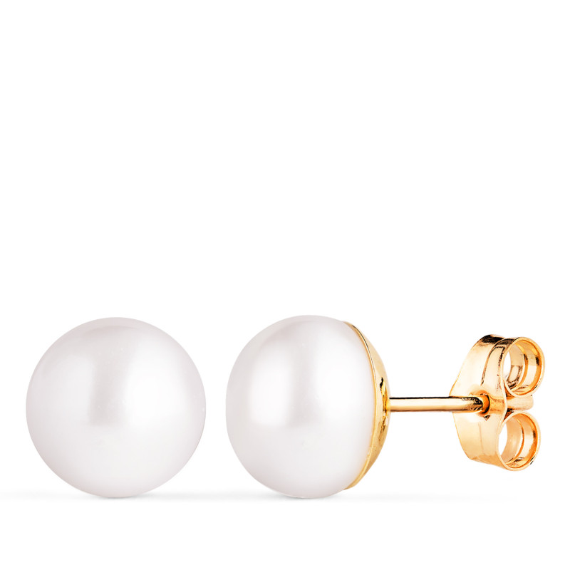 18K PENDIENTES ORO AMARILLO PERLAS BOTON 9-9,5 MM CON CASQUILLA LISA. CIERRE PRESION