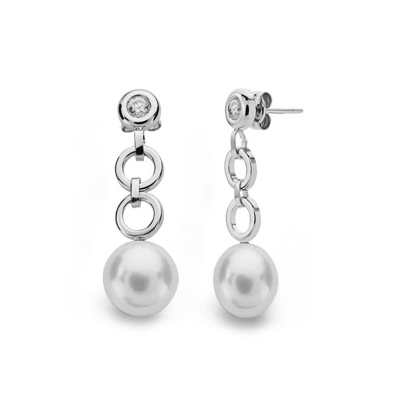 18K PENDIENTES ORO BLANCO PERLA CIRCONITA 29X9 MM CIERRE PRESION