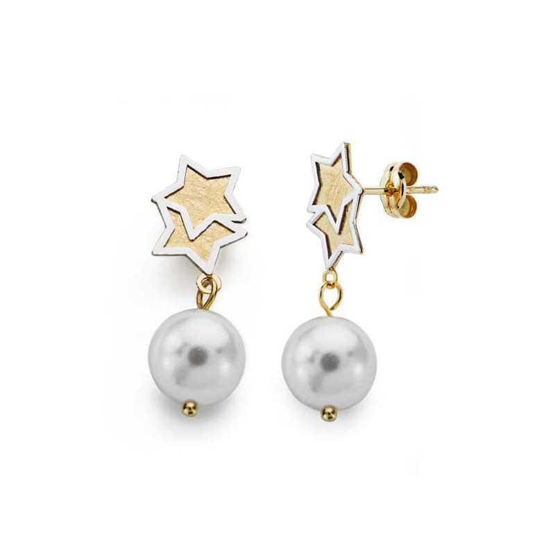 18K PENDIENTES BICOLOR PERLA 25X8 MM CIERRE PRESION
