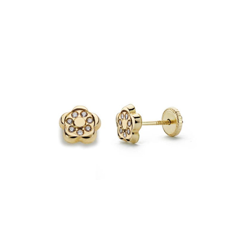 18K PENDIENTES ORO AMARILLO FLOR CIRCONITA 6X6 MM CIERRE TUERCA