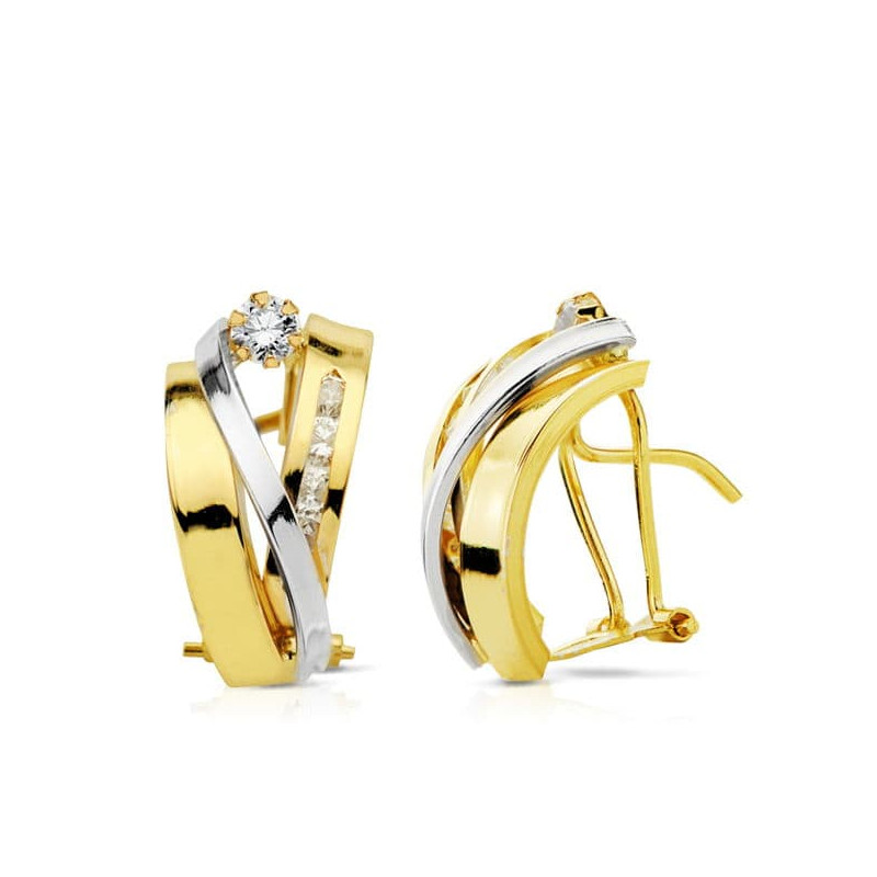18K PENDIENTES ORO BICOLOR BANDAS 17X9 MM CIERRE OMEGA