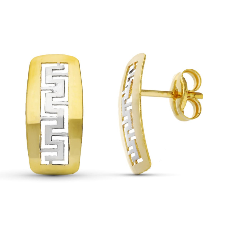 18K PENDIENTES ORO BICOLOR GRECA BRILLO 11X5.5 MM CIERRE PRESION