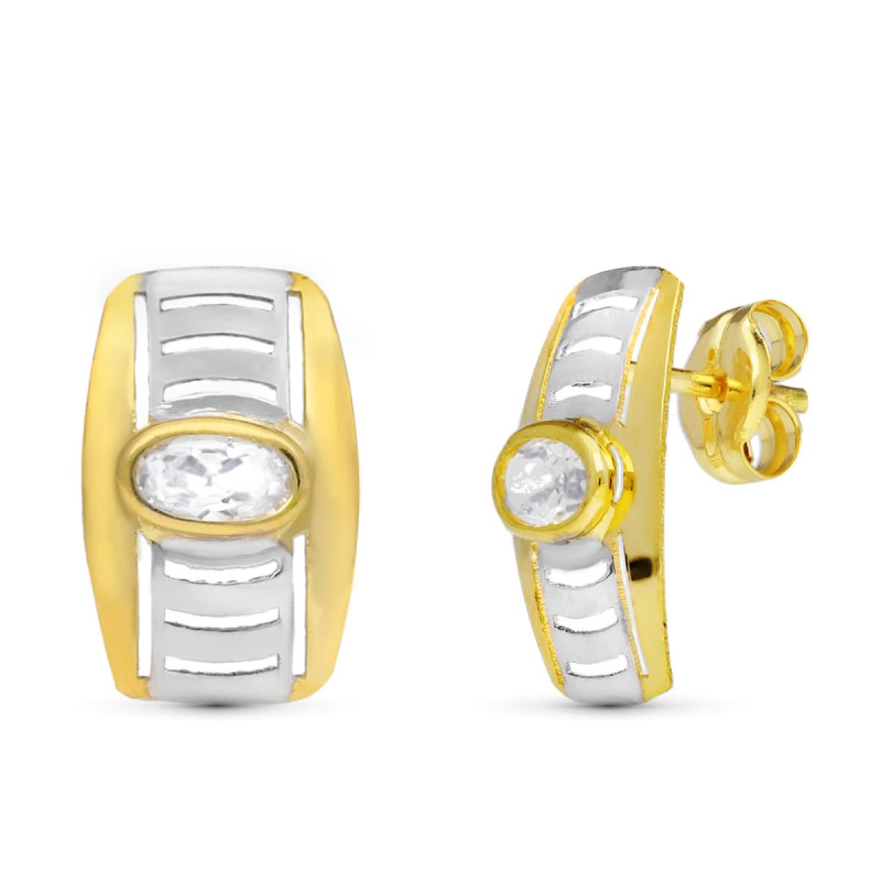 18K PENDIENTES ORO BICOLOR CALADOS CIRCONITA 13X7 MM PRESION