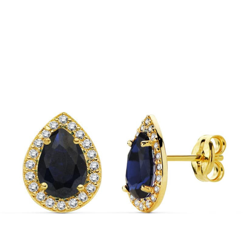 18K PENDIENTES ORO AMARILLO PIEDRA AZUL CIRCNONITAS 10X8 MM CIERRE PRESION