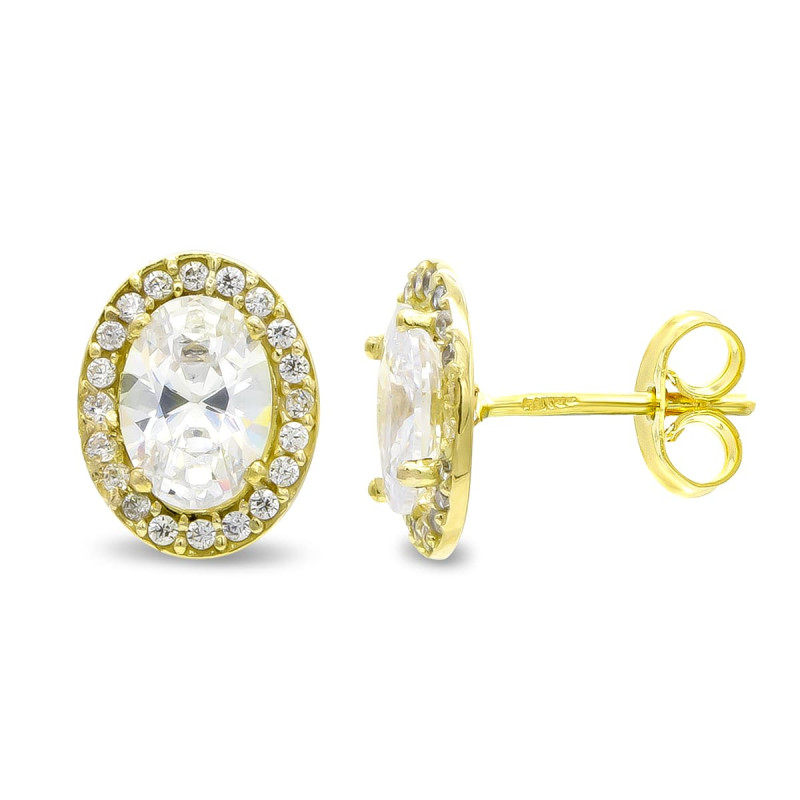 18K PENDIENTES ORO AMARILLO OVAL CIRCONITA 10X8 MM CIERRE PRESION
