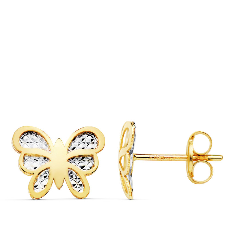 18K PENDIENTES MARIPOSA BICOLOR 10X8 MM CIERRE CIERRE PRESION