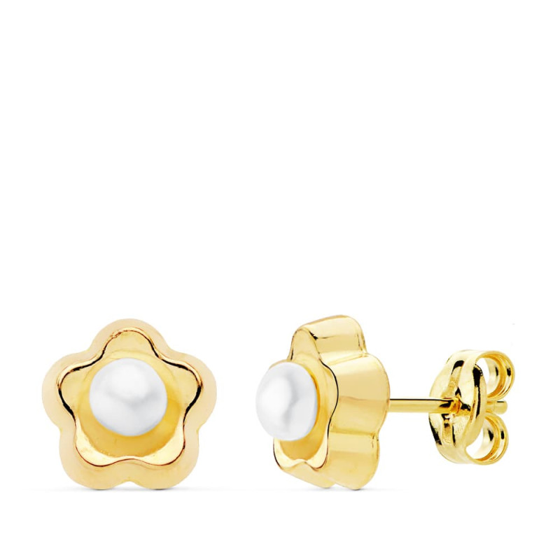 18K PENDIENTES ORO AMARILLO FLOR PERLA 8X8 MM CIERRE PRESION