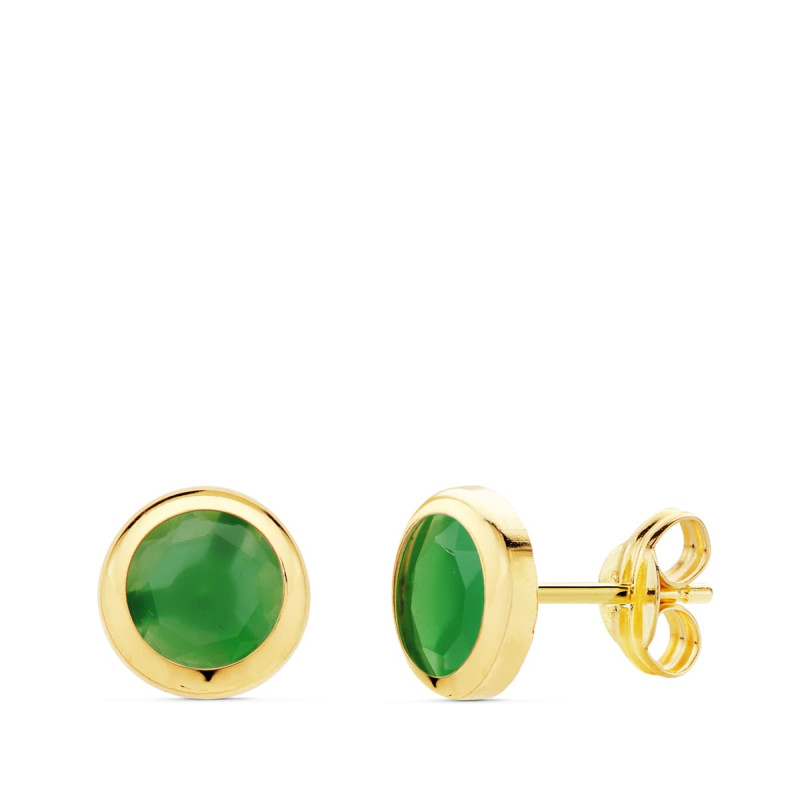 18K PENDIENTES ORO AMARILLO CHATON PIEDRA VERDE. 6.5 MM CIERRE PRESION