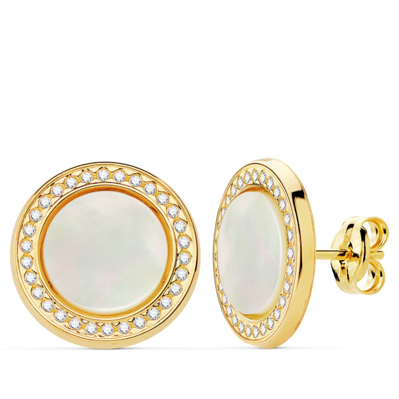 18K PENDIENTES ORO AMARILLO REDONDOS CIRCONITA Y NACAR 12.5 MM CIERRE PRESION
