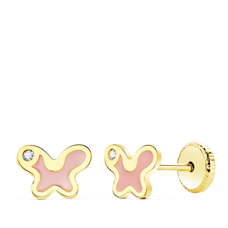 18K PENDIENTES ORO AMARILLO MARIPOSA ESMALTE ROSA 7X5 MM CIERRE TUERCA