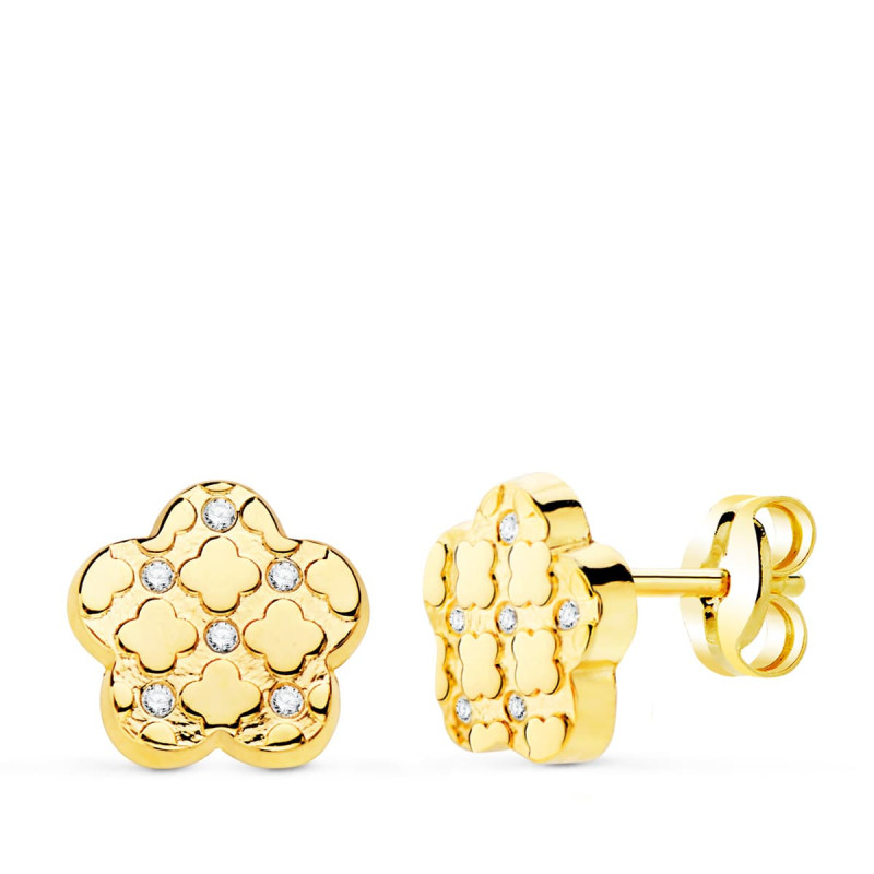 18K PENDIENTES ORO AMARILLO FLOR Y CIRCONITA 7.5X7 MM CIERRE PRESION.