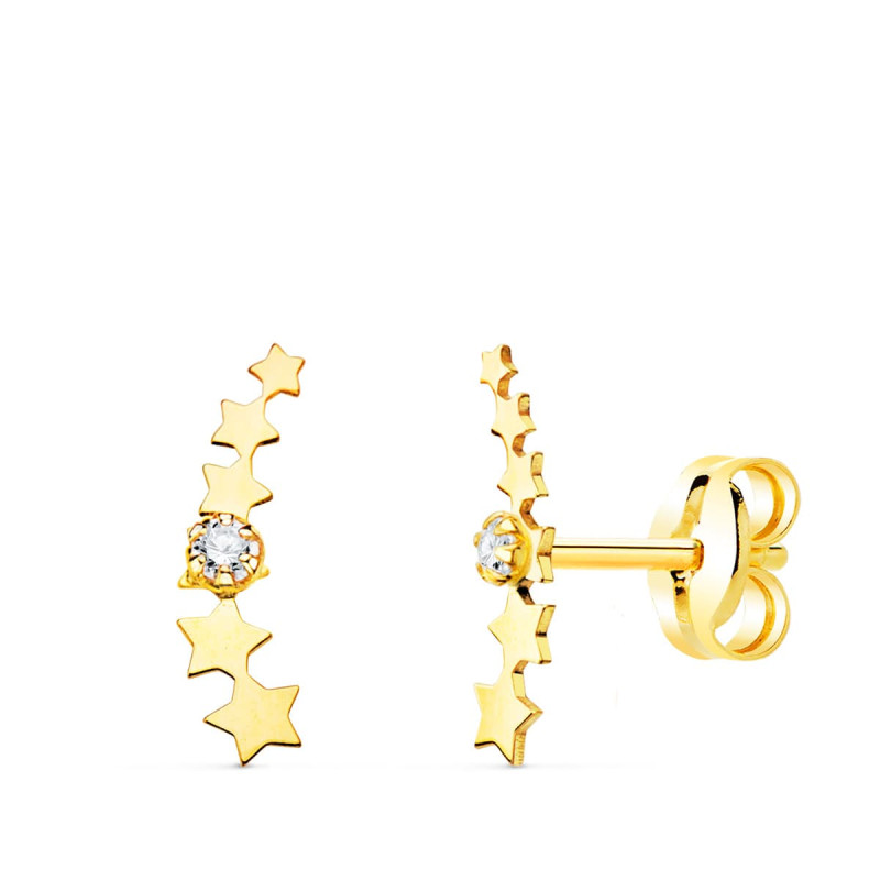 18K PENDIENTES ORO AMARILLO TREPADOR MINI ESTRELLAS CON CIRCONITA 10X2.5 MM CIERRE PRESION