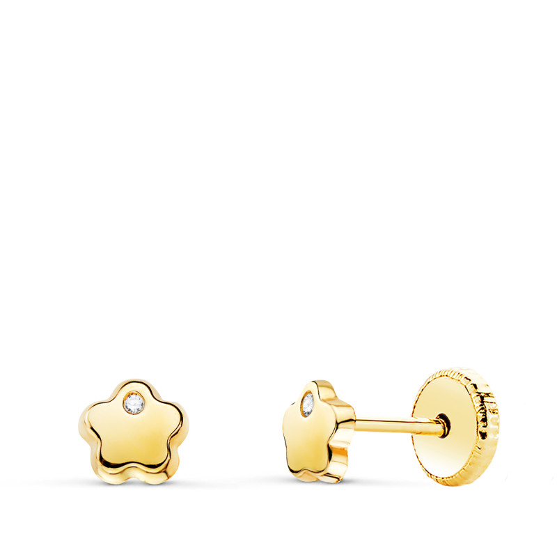 18K PENDIENTES ORO AMARILLO FLOR CIRCONITA 4 MM CIERRE TUERCA