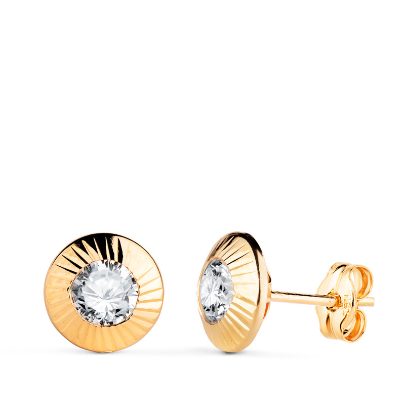 18K PENDIENTES ORO AMARILLO REDONDOS ORLA TALLADA CIRCONITA. MEDIDA: 9MM CIERRE PRESION