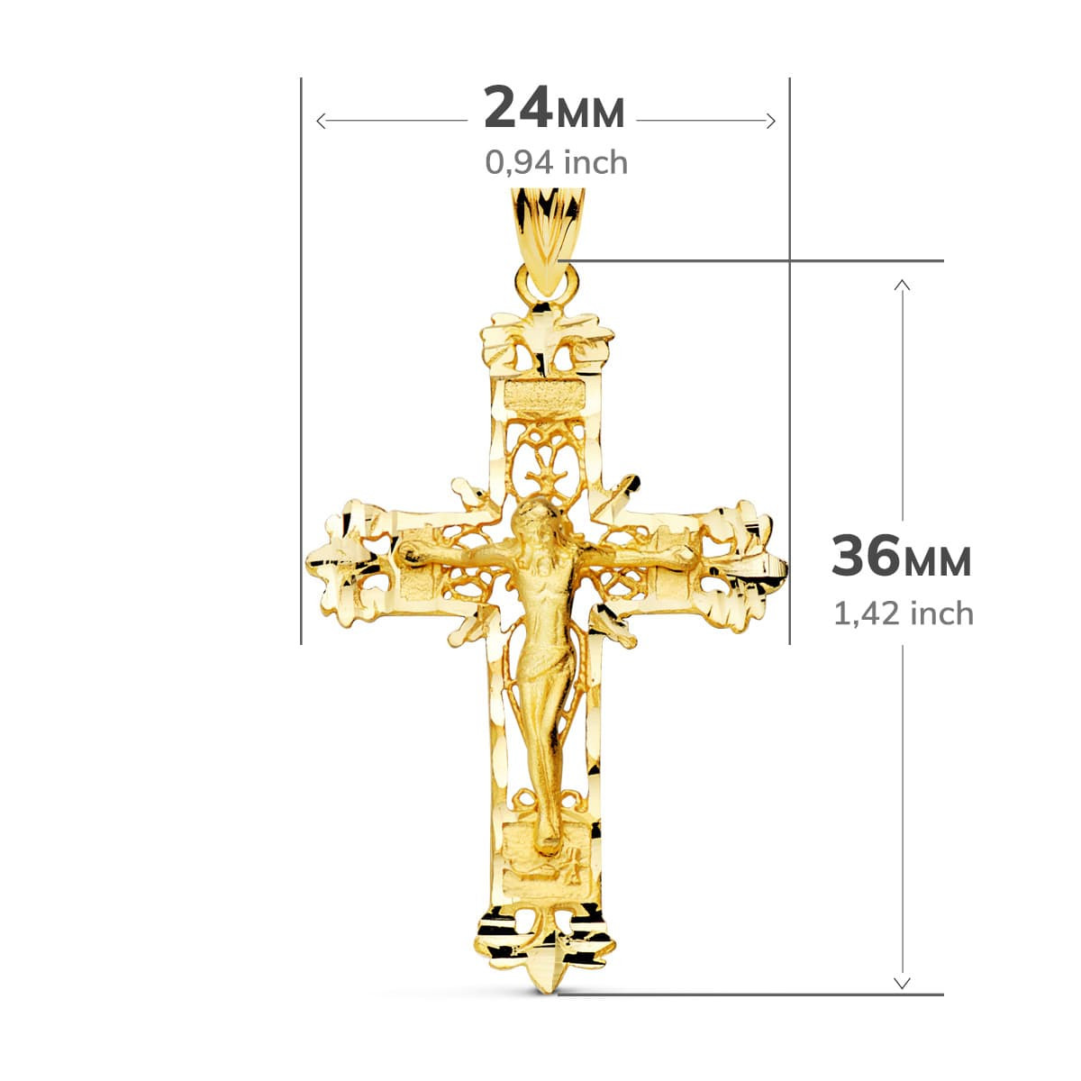 18K CRUZ ORO AMARILLO FILIGRANA CON CRISTO TALLADA 36X24 MM