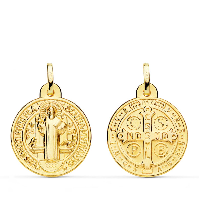 18K MEDALLA ESCAPULARIO ORO AMARILLO SAN BENITO MONJE 20 MM MATIZADA
