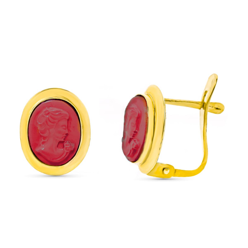 18K PENDIENTES ORO AMARILLO  CAMAFEO CORAL 9X11 MM CIERRE CATALAN