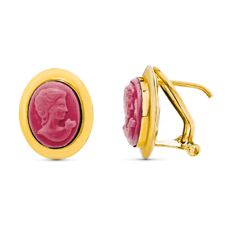 18K PENDIENTES ORO AMARILLO CAMAFEO 10X8 MM CORALINA CIERRE CATALÁN
