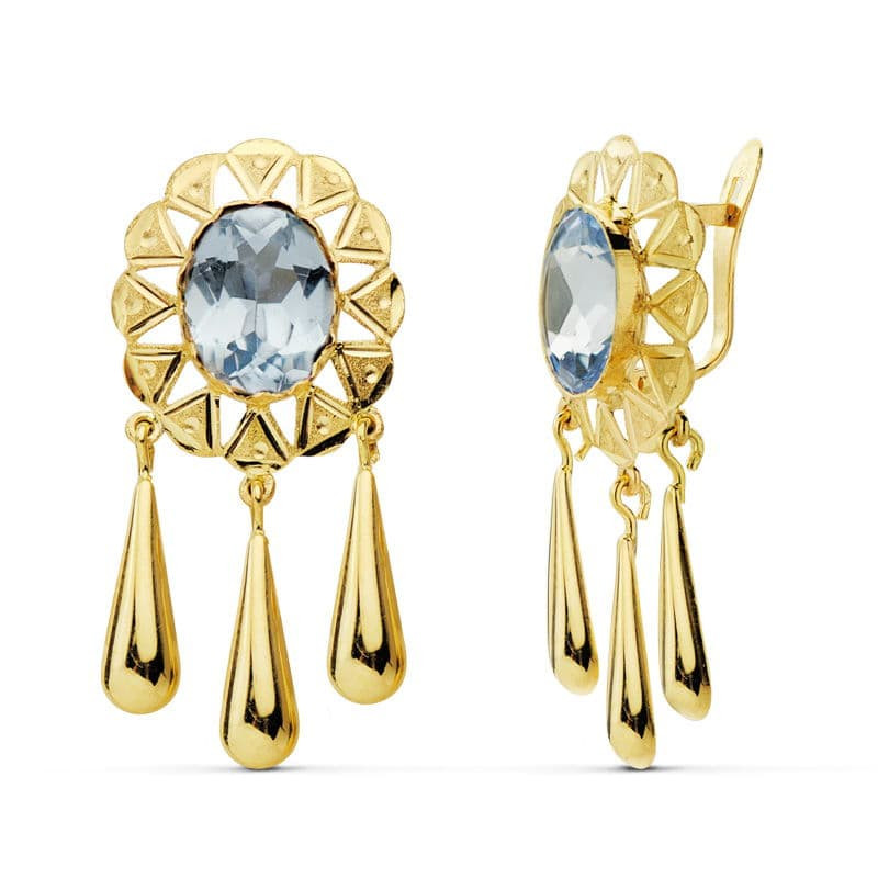 18K PENDIENTES ORO AMARILLO CUBANAS PIEDRA OVAL 10X8 MM LAGRIMAS CIERRE CATALÁN