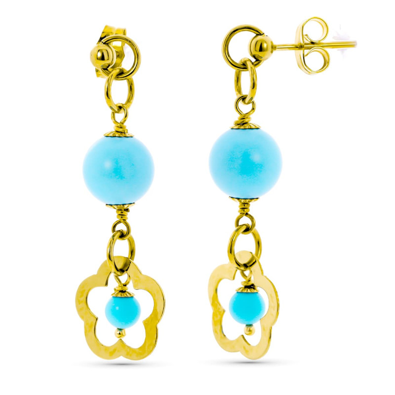 18K PENDIENTES LARGOS ORO AMARILLO TURQUESA FLOR CALADA CIERRE PRESION