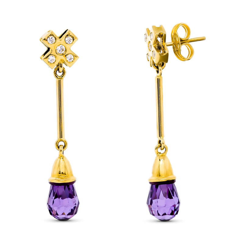 18K PENDIENTES ORO AMARILLO LARGO 5 CIRCONITA AMATISTA CIERRE PRESIÓN