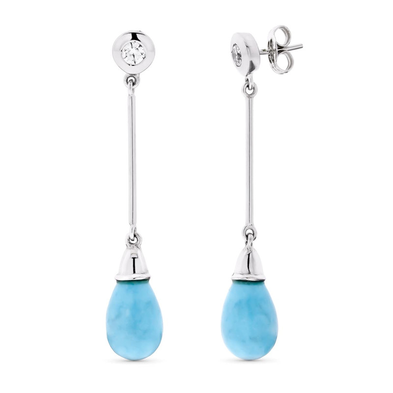18K PENDIENTES ORO BLANCO LARGOS TURQUESA 1 CIRCONITA CIERRE PRESION