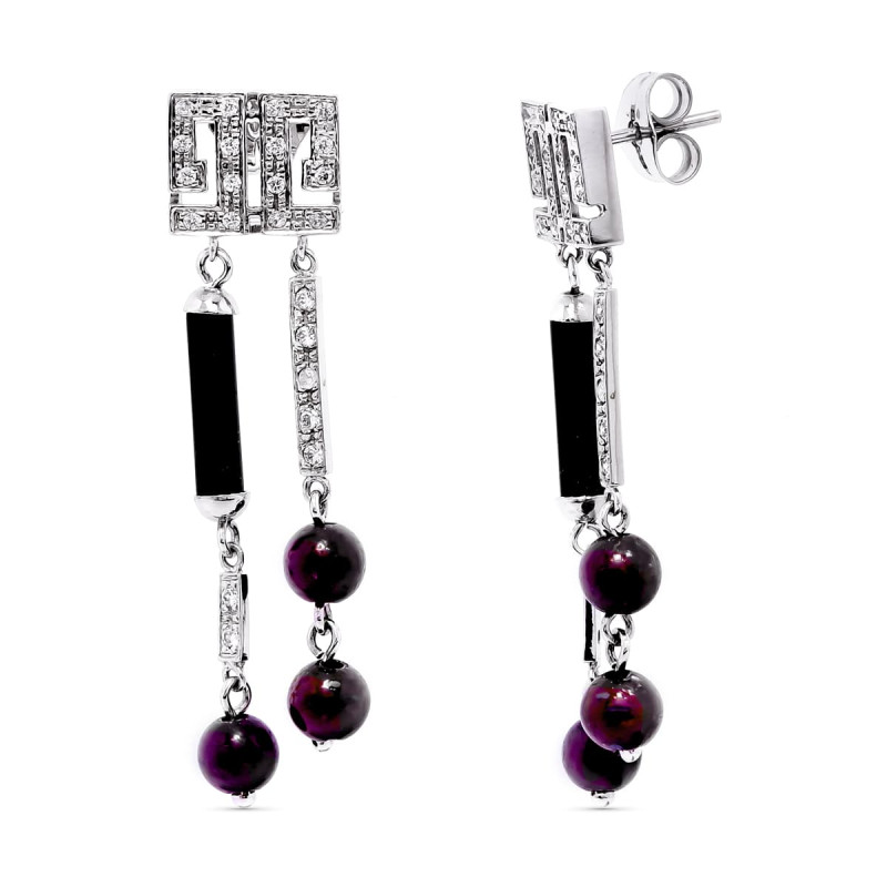 18K PENDIENTES ORO BLANCO LARGOS BOLAS Y CIRCONITA 43X10 MM CIERRE PRESION