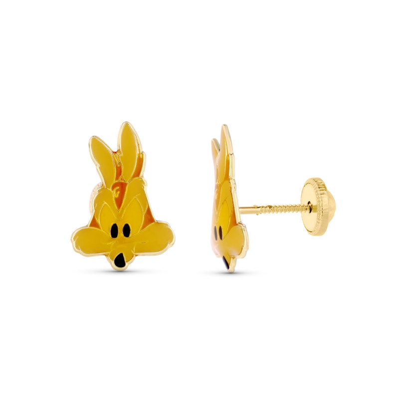 18K PENDIENTES ORO AMARILLO COYOTE ESMALTADO. 12X8 MM CIERRE TUERCA