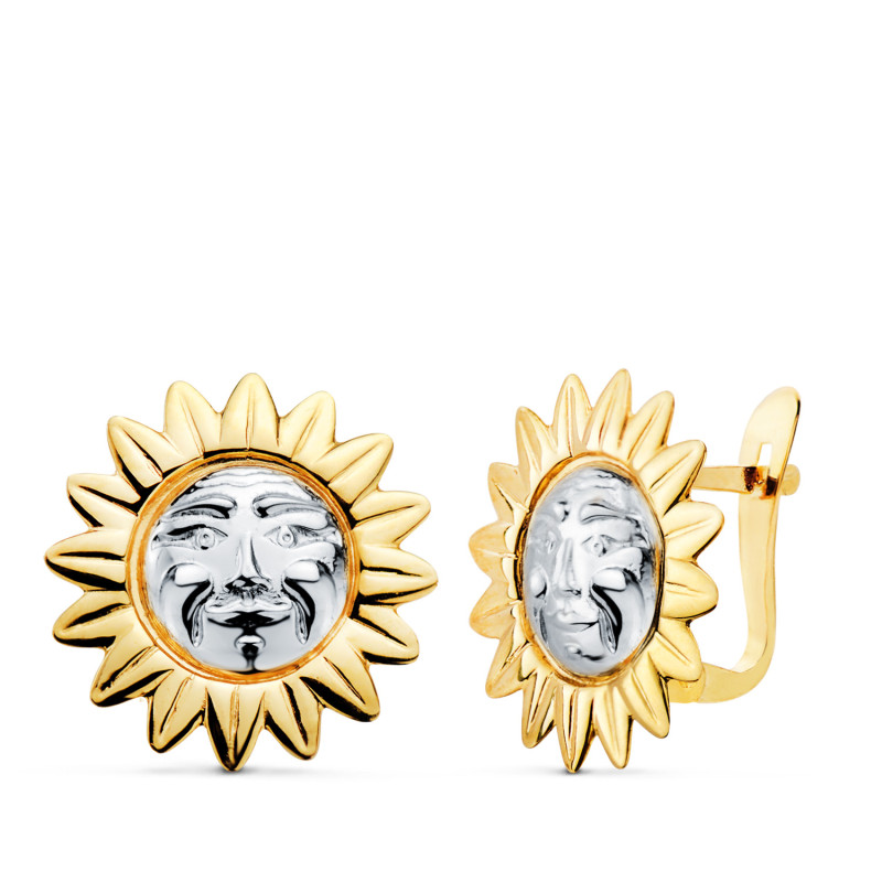 18K PENDIENTES ORO BICOLOR SOL CON CARA EN BRILLO 15 X 15MM.CIERRE CATALAN