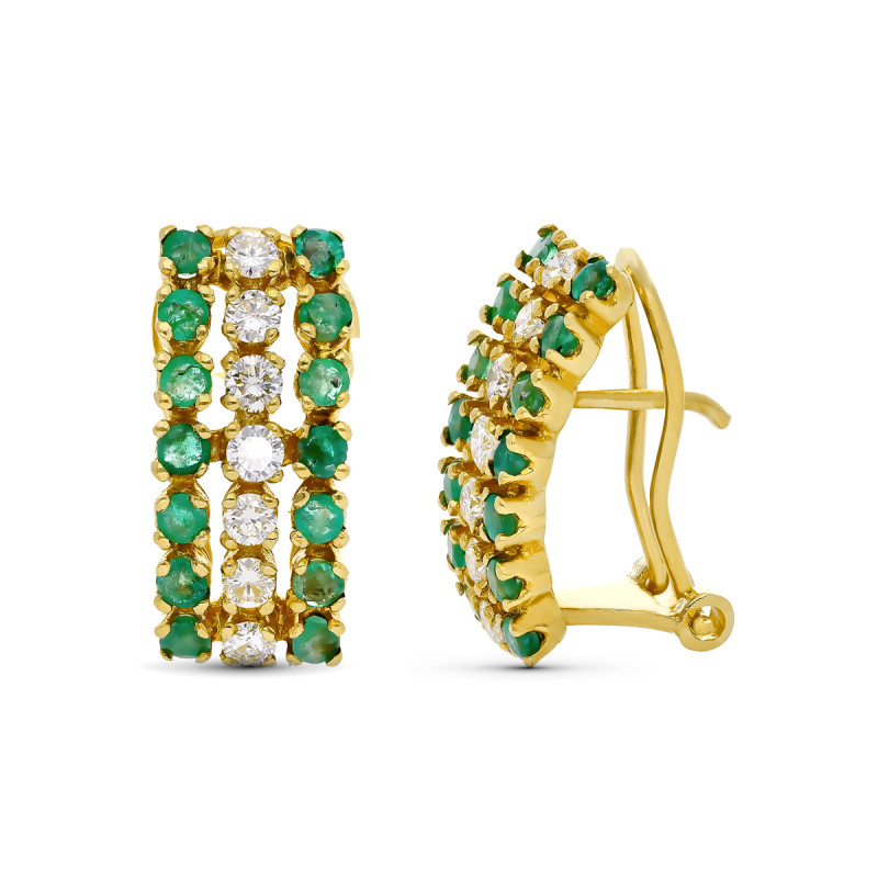18K PENDIENTES ORO AMARILLO BRILLANTES Y ESMERALDAS. 17X7 MM CIERRE OMEGA