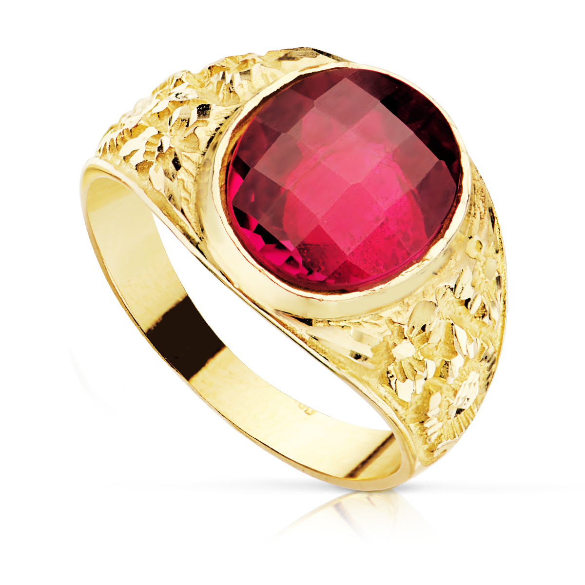 18K SELLO CABALLERO TALLADO ORO AMARILLO MACIZO PIEDRA SPINEL RUBI OVAL DAMERO 12 X10 MM