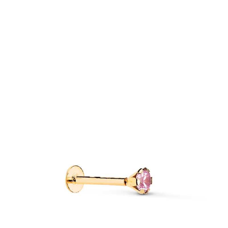 18K PIERCING DE OREJA ORO AMARILLO CIRCONITA ROSA CON GARRAS 3,5 MM. GRUESO BARRA 1MM. CIERRE TUERCA