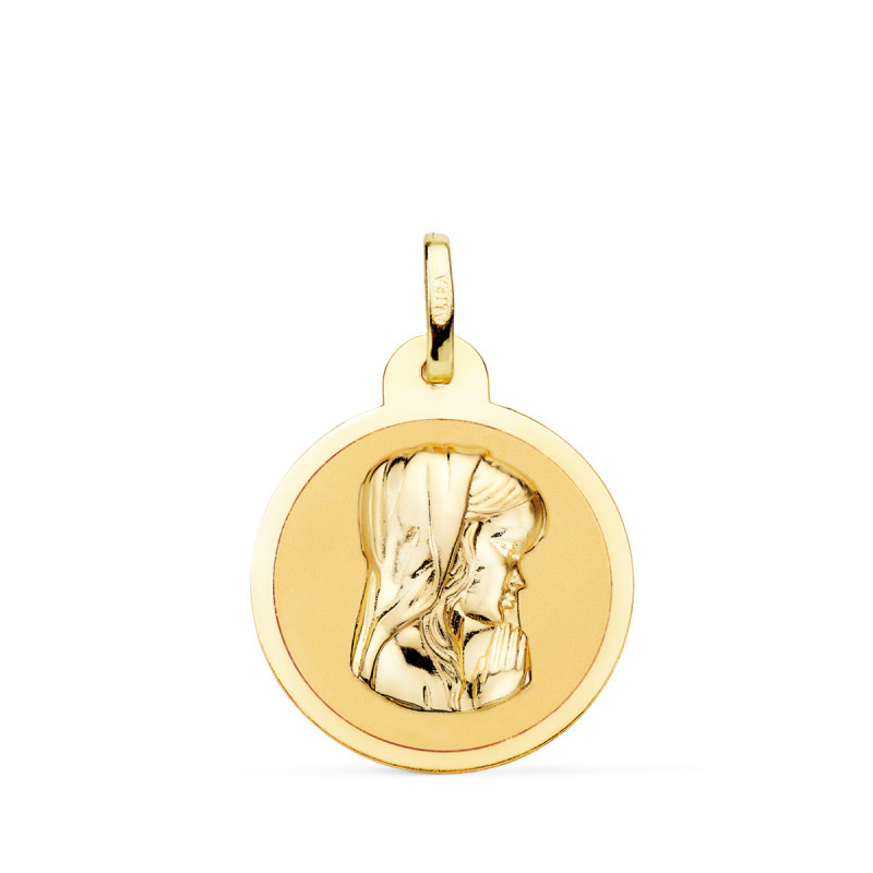 18K MEDALLA ORO AMARILLO VIRGEN NIÑA EN BRILLO 20 MM