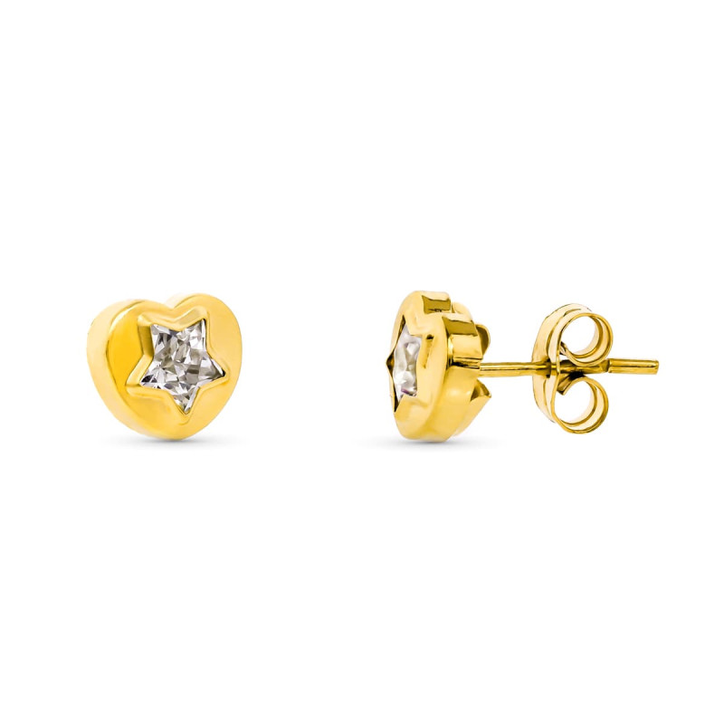 18K PENDIENTES ORO AMARILLO CORAZON CIRCONITA 8X7 MM CIERRE PRESION