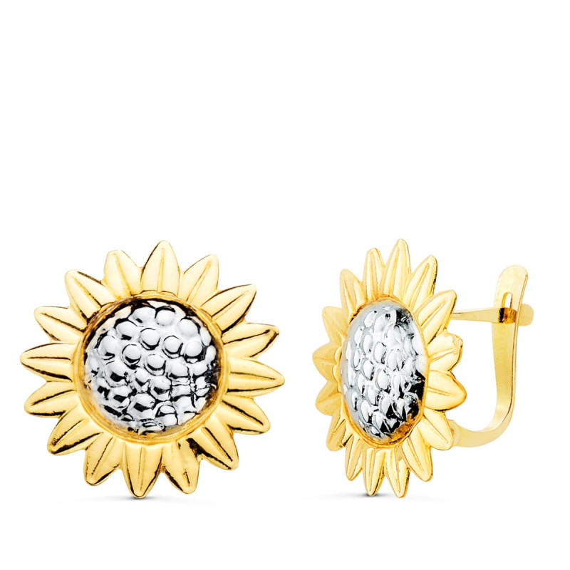 18K PENDIENTES ORO BICOLOR GIRASOL BRILLO 18 MM CIERRE CATALAN