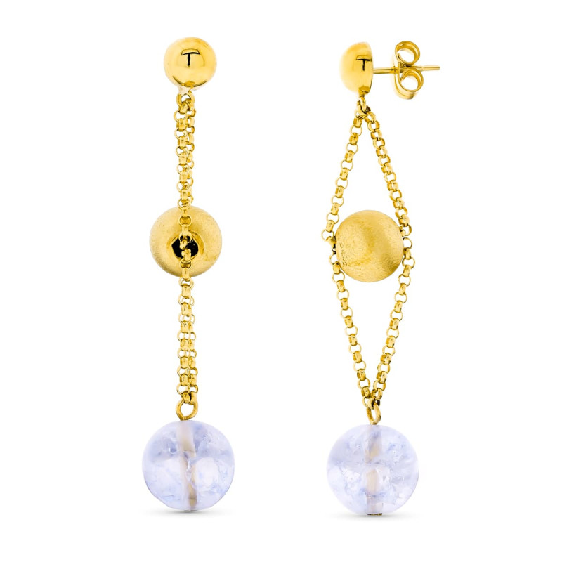 18K PENDIENTES ORO AMARILLO LARGOS BOLA ORO Y DE COLOR PRESION