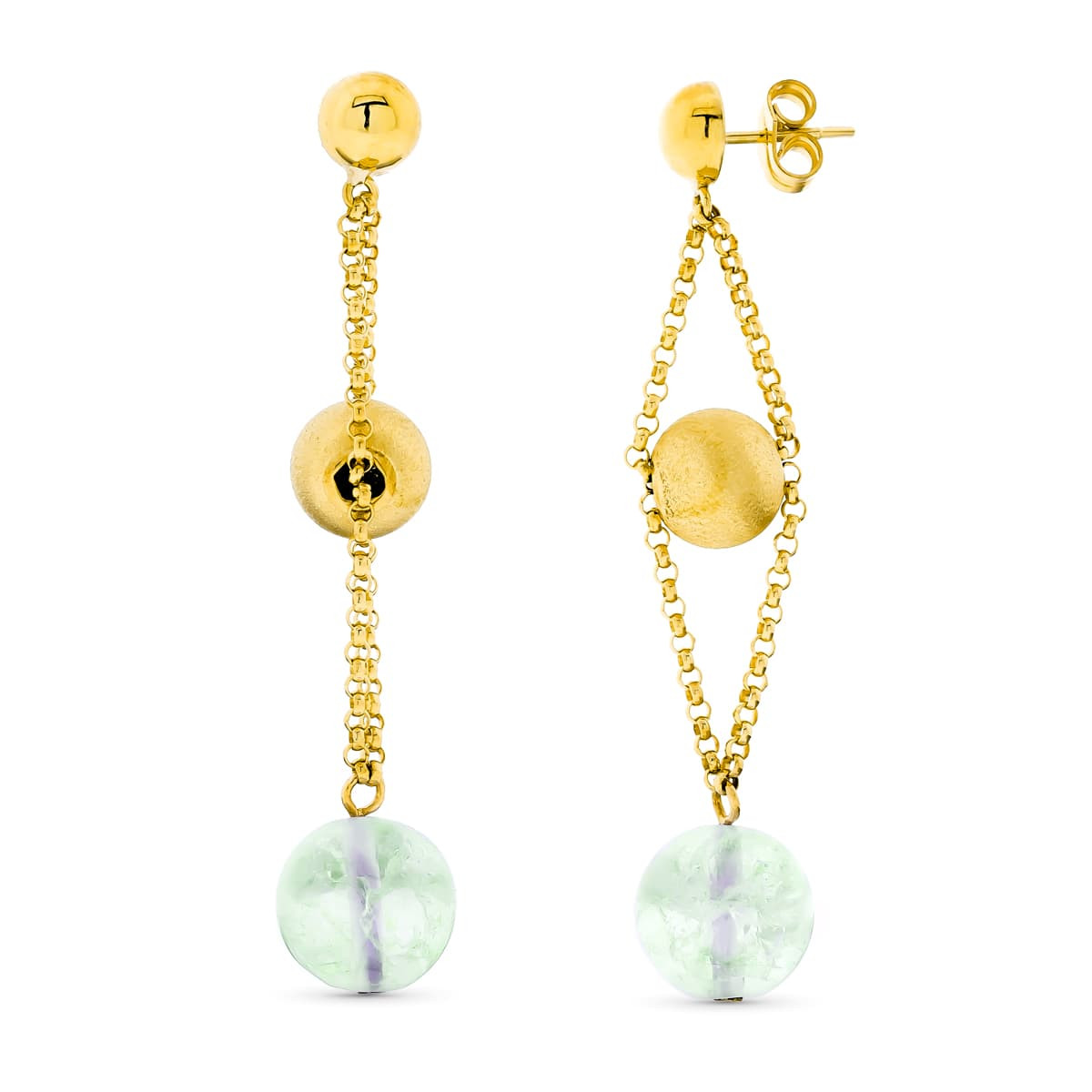 18K PENDIENTES ORO AMARILLO BOLA ORO 8 MM VERDE 10 MM CIERRE PRESION