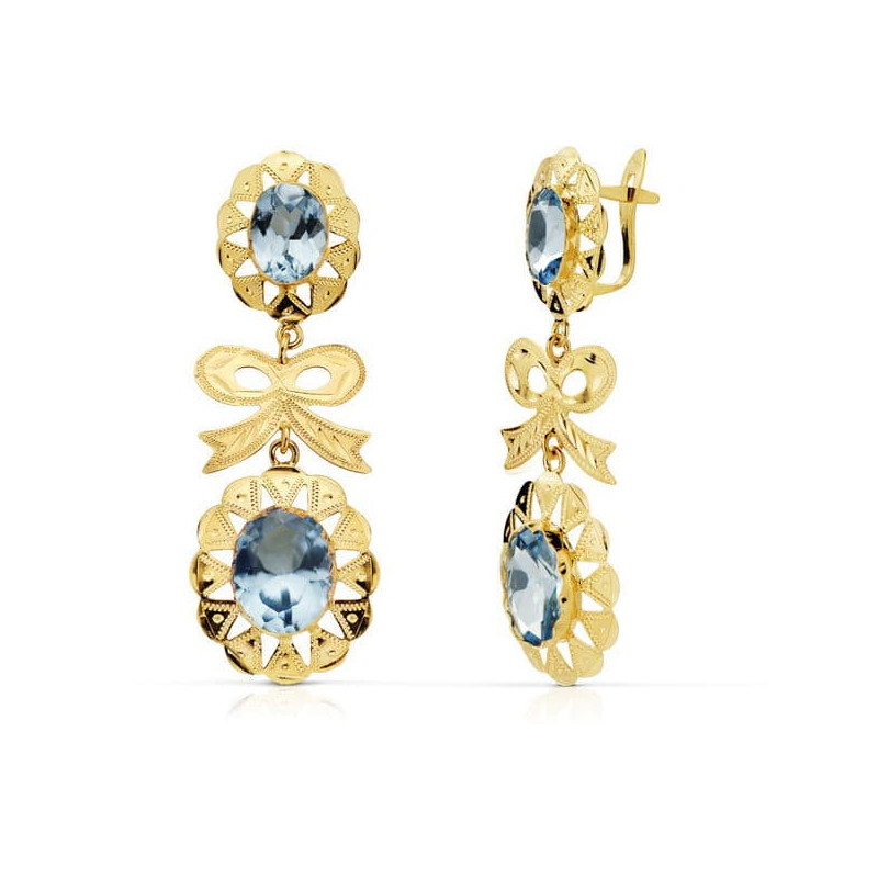 18K PENDIENTES CUBANAS ORO AMARILLO CUBANA LAZO AGUAMARINA 43X15 MM CIERRE CATALAN